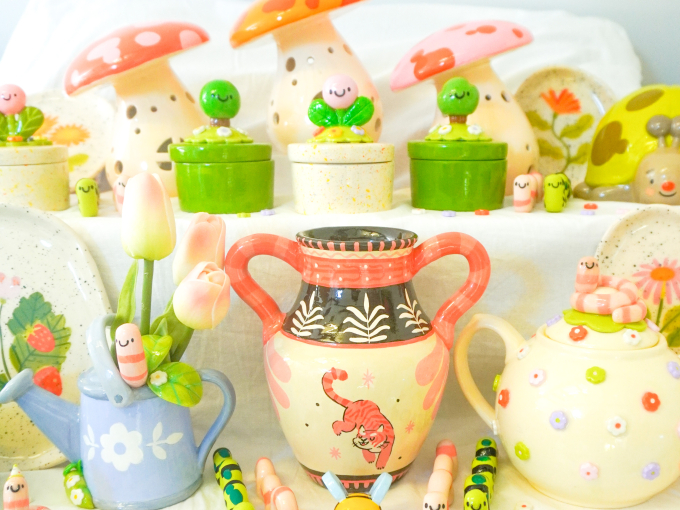 Colourfully painted ceramics: teapots,, vases and other little trinkets