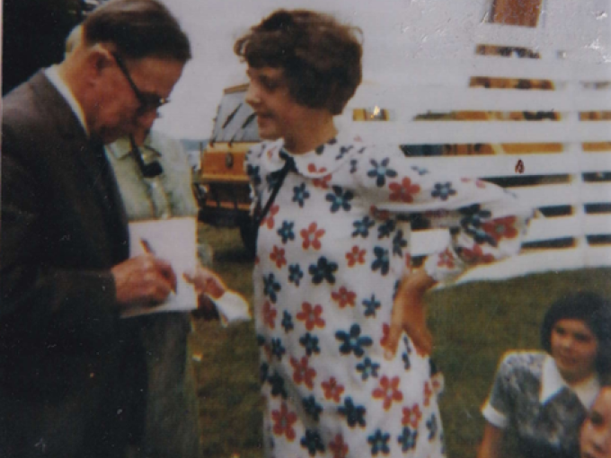 Angharad Tomos at Bangor Eisteddfod with T. H. Parry-Williams, August 1971