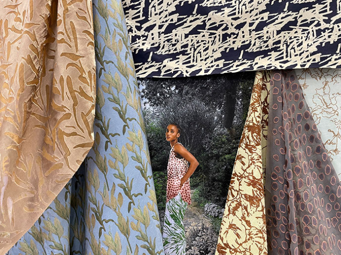 Fabric designs with a woman wearing a design