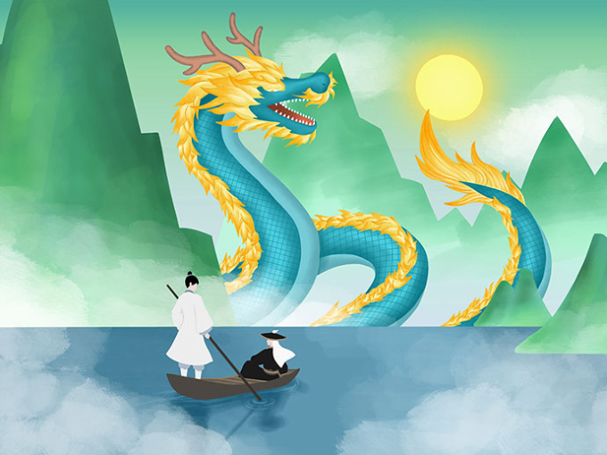 illustration of a dragon with a boat in water