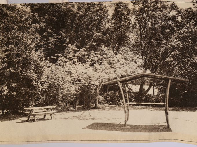 an old image of a bench by some trees