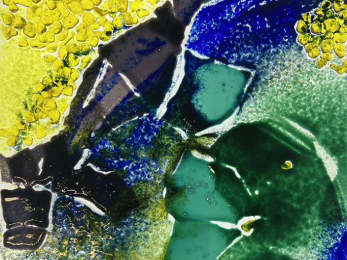 glass work in blue green and yellow