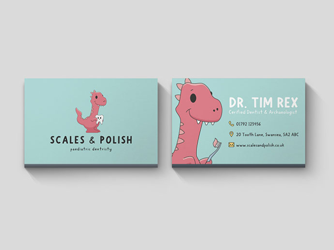 graphic design of business cards with dinosaur and tooth with the words 'scales and polish'