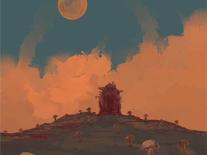 illustration of a landscape with mushrooms
