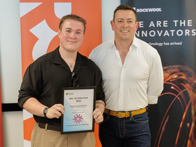 Dylan Longman winner of the Starki Architecture prize with lecturer Ryan Stucky