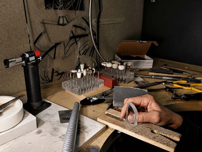 Jewellery workshop, jewellery making tools on bench