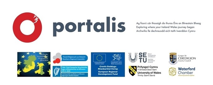 Collage yn dangos logos prosiect Portalis, rhaglen Iwerddon Cymru, Cronfa Datblygu Rhanbarthol Ewrop, Prifysgol Dechnolegol y De-Ddwyrain, PCYDDS, Cyngor Sir Ceredigion a Siambr Waterford.