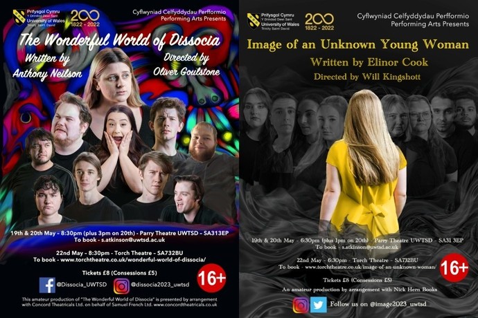 Poster Cyflwyniad Celfyddydau Perfformio PCYDDS ar gyfer The Wonderful World of Dissocia ac Image of an Unknown Young Woman.
