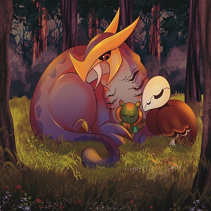 Digital art showing a griffin-like creature resting in a forest, apparently watching over two smaller but similarly fantastical creatures.  