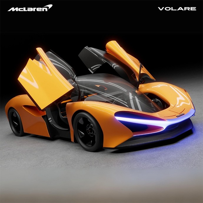 Computer design: an orange sportscar with a curving glass window extending back over the driver; the scissor doors are raised.