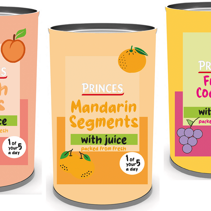 Design for three cans containing fruit in juice; each can is a bright colour with a simple illustration of the fruit it contains. 