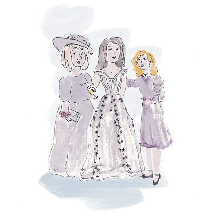 An ink-and-watercolour illustration of three women in smart frocks.