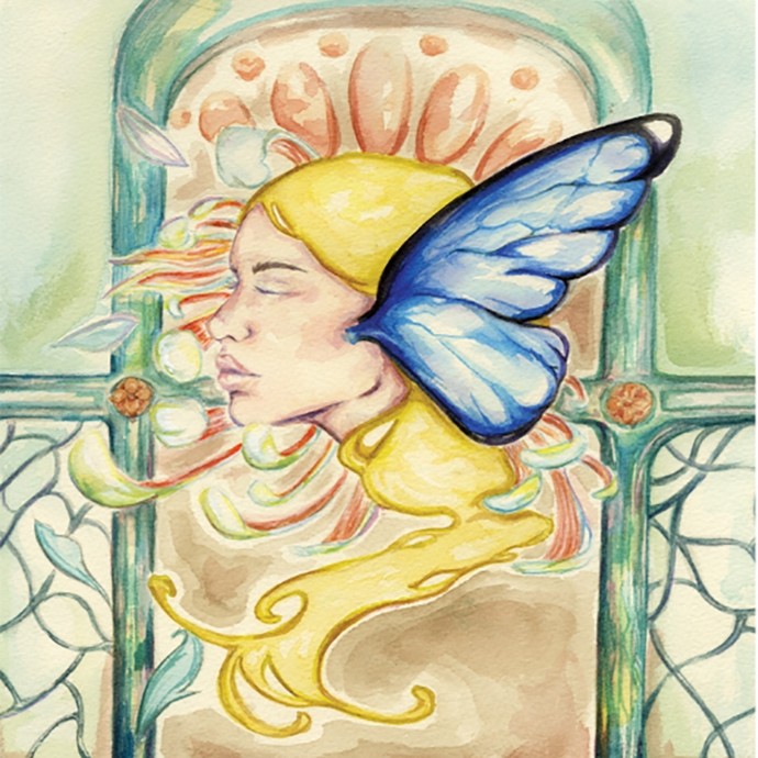 Watercolour showing the head of a young woman in profile with long blonde hair and a white wing in place of an ear; a decorative green frame can be seen in the background.