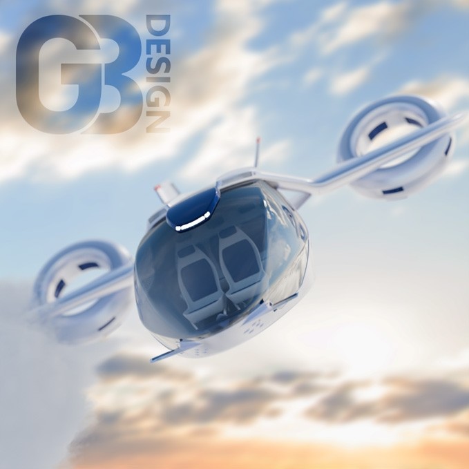 Computer design: a futuristic two-seater plane or flying car with a transparent body encasing the pilot and passenger seats; circular white engines on the wings provide lift.
