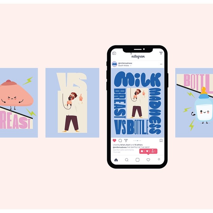 Graphics on the theme of breast vs bottle; they use a pastel colour scheme of pinks and blues; one element shows a phone screen with a graphic shared on Instagram.