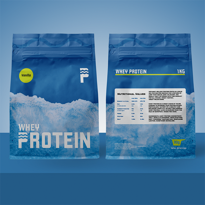 Design for a package of whey protein; the packages are blue with white text and lime green highlights; the front and back show a heap of blue-shaded powder looking similar to snow or a breaking wave; the back of the package contains information about the nutritional values.  