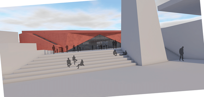 Dyluniad digidol o gyntedd concrid llwyd gyda grisiau'n arwain at adeilad unllawr modern gyda chladin coch a ffenestr drionglog ganolog fawr; mae silwetau pobl yn eistedd neu'n cerdded ar hyd y cyntedd. 
