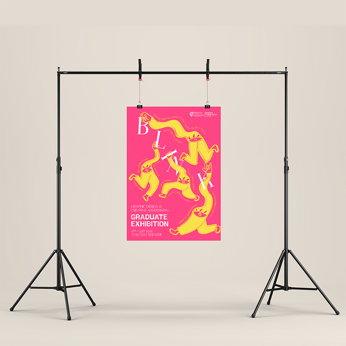 A hot pink poster is suspended from a metal frame; the text on the poster reads Graduate Exhibition; yellow triskelions with two feet and one hand grasp or wind through the letters of the word Blink.  