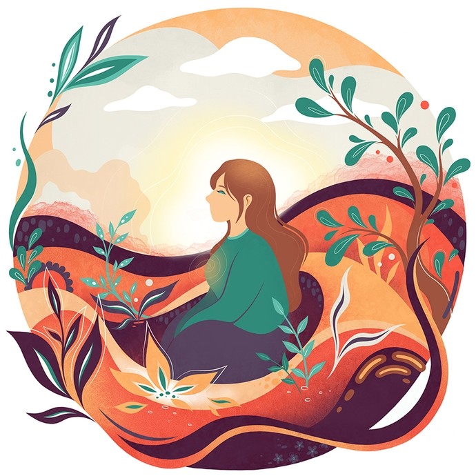 Digital art showing a woman in profile sitting in the middle of a circle:  bands of red, yellow nad purple represent the earth; radiant yellow, pale grey and white clouds represent the sky; plants grow up the sides and overlap the edges of the circle.