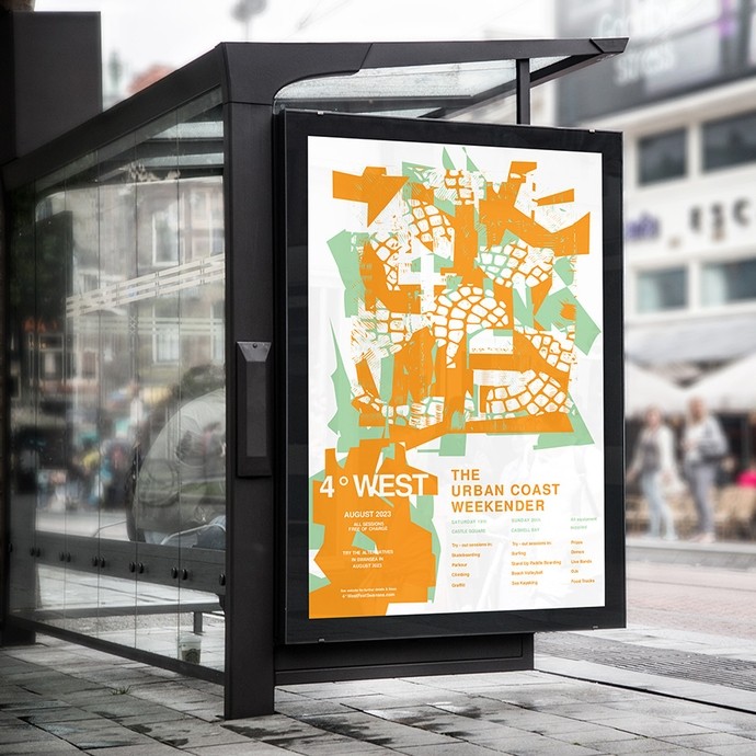 A large advert on the side of a bus shelter for 4 degrees west; the urban coast weekender. 
