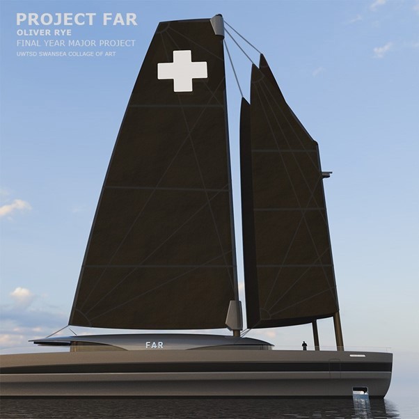 Computer design: a large yacht with a mainmast and two twin foremasts.