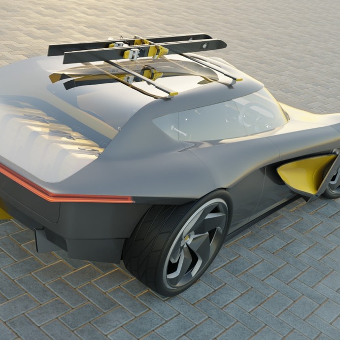 A sportscar with a translucent boot and roof; a pair of skis are on the roof rack.