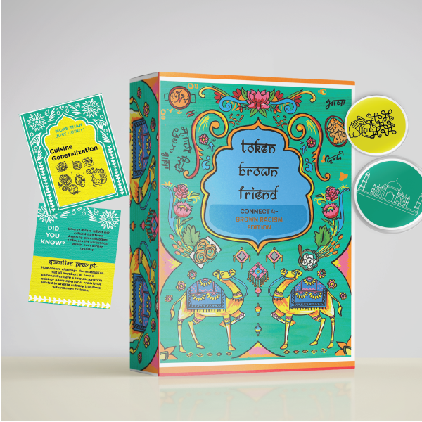 A highly decorated box with a green background and illustrations of flowers, camels wearing embroidered blankets, items of food and other things; the text, created in a script reminiscent of Devanagari with a horizontal line joining the letters, reads: token brown friend; the subtitle in simple capitals reads: connect 4 – brown racism edition.