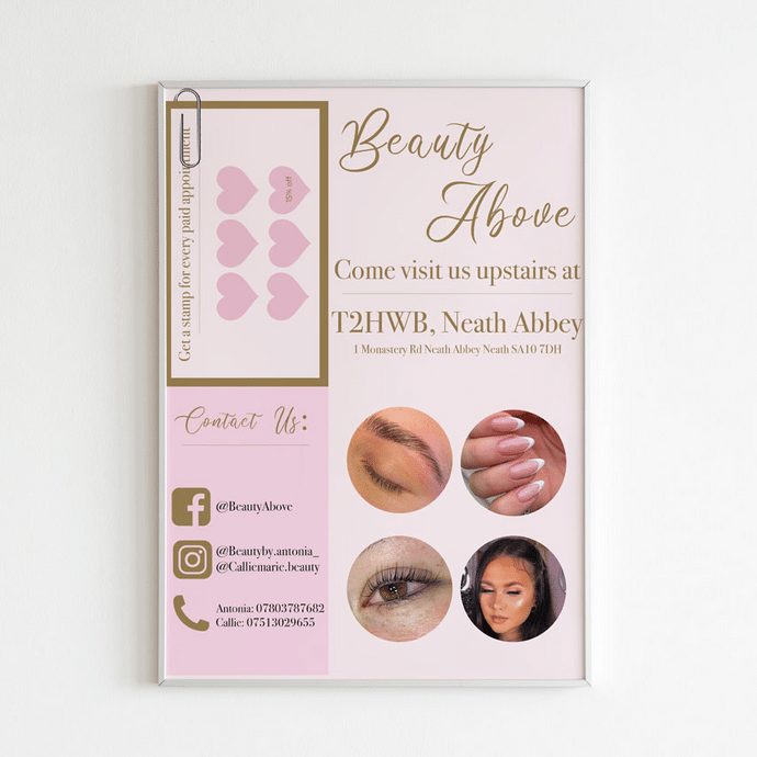 A poster advertising a beauty parlour: Beauty Above; the background is pink with gold text; four circular images focus on eyes, brows, nails, and makeup. 