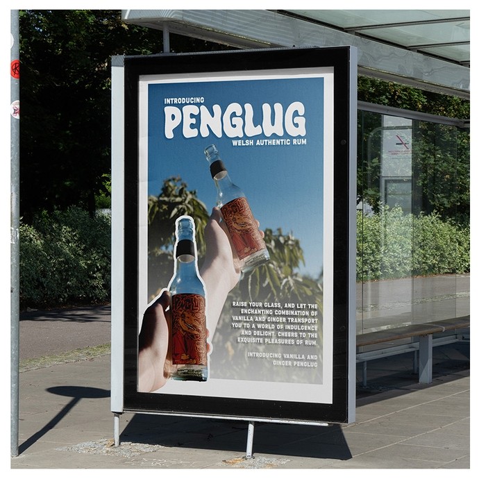 Advert on the side of a bus shelter showing hands holding empty bottles; the label on the bottles shows a grinning horse skull on a humanoid body in a red suit; text reads: introducing Penglug, Welsh authentic rum; raise your glass and let the enchanting combination of vanilla and ginger transport you to a world of indulgence and delight; cheers to the exquisite pleasures of rum; introducing vanilla and ginger Penglug. 