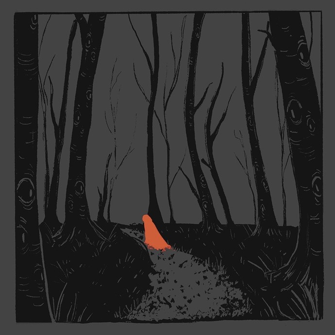 Linocut influenced art showing black tree trunks on a grey background; a solitary figure in red moves away from the viewer along a path through the trees.