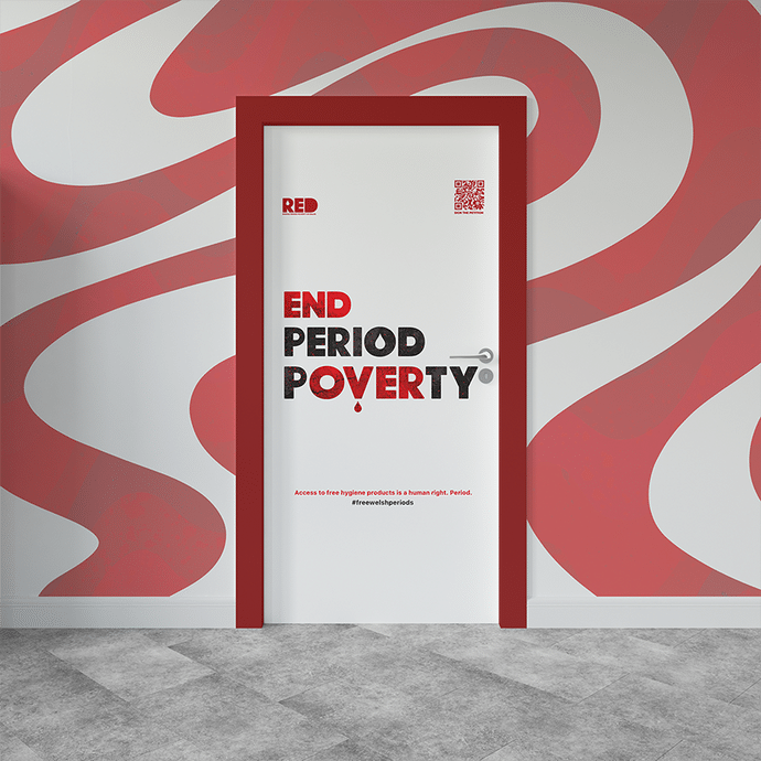 Graphic showing a white door with words in black and red reading: end period poverty – the wall around the door is covered in red and white swirls.