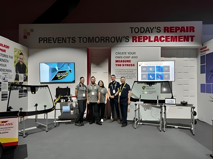 Jordan and Kelvin with Dr Gwen Daniel, Belron Head of Research, Jeannette Chrisoffersen (Carglas Denmark) and Lee Faulkner-Beirne (Belron UK) on the Belron trade stand in Lisbon