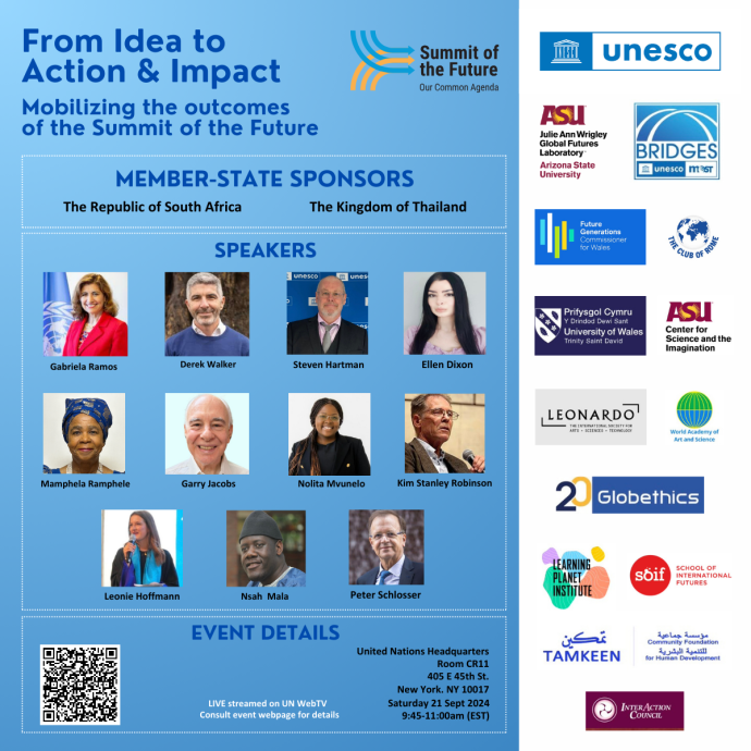 Poster for the "From Idea to Action and Impact: Mobilising the Outcomes of the Summit of the Future," event which has been selected for the prestigious Summit of the Future in New York 2024.  