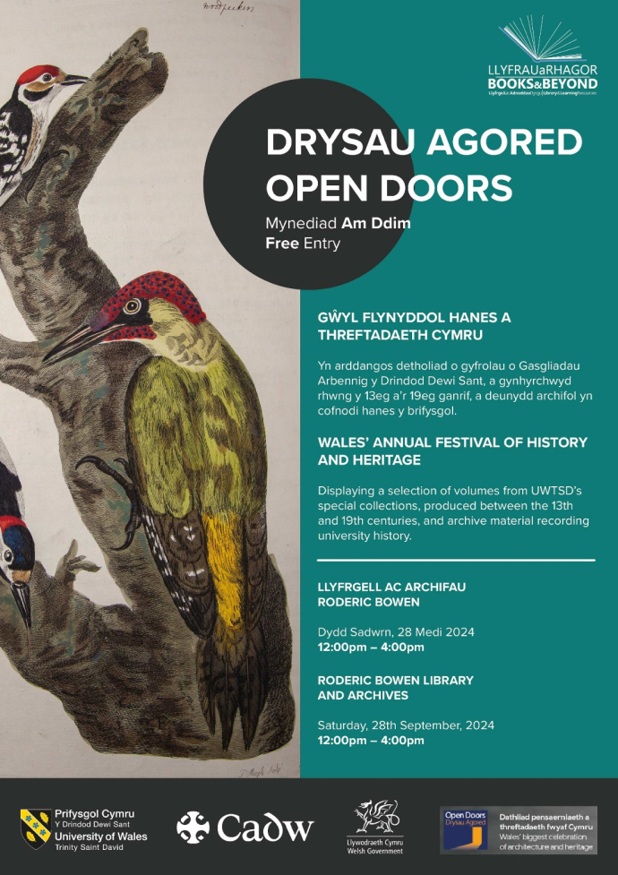 A poster with details about the Open Door event held at the Roderic Bowen Library on the Lampeter Campus