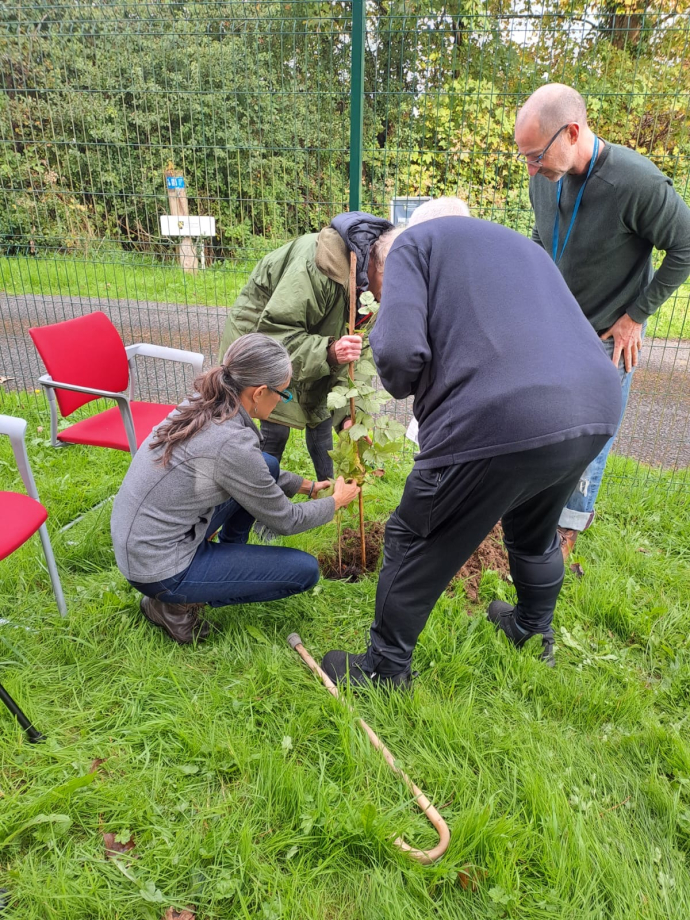 Stroke survivor taking part in planting a tree with staff and students from the UWTSD Outdoor Education course