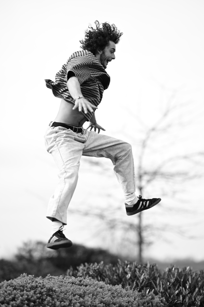 a shot of a student in the air