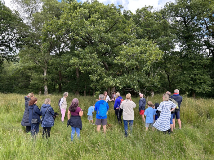 a group of people on a walk in the fields
