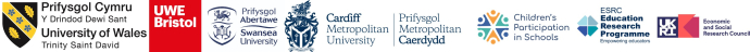 All logos of each partner who is a pat of the project - UWTSD, UWE Bristol, Swansea University, Cardiff Metropolitan UNiversity, Children's Participation in Schools, ESRC and UKRI