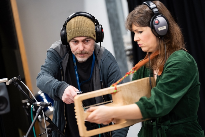 Angharad and sound technician ready to record
