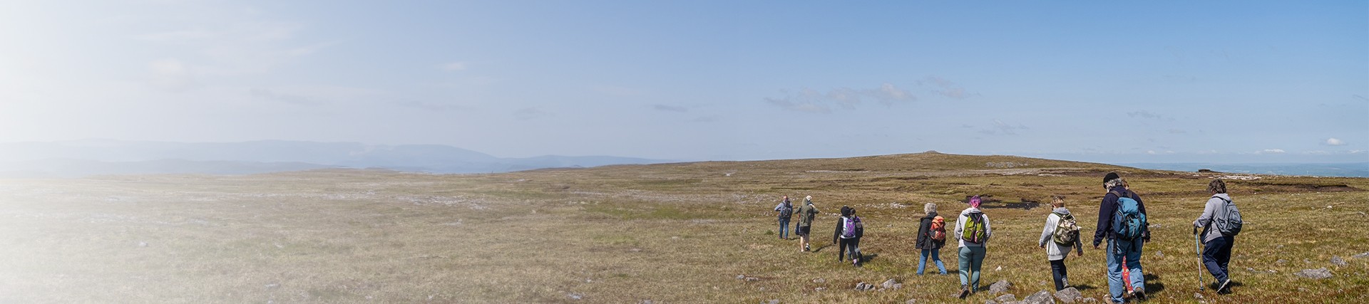 Row of students walking across a hillside 