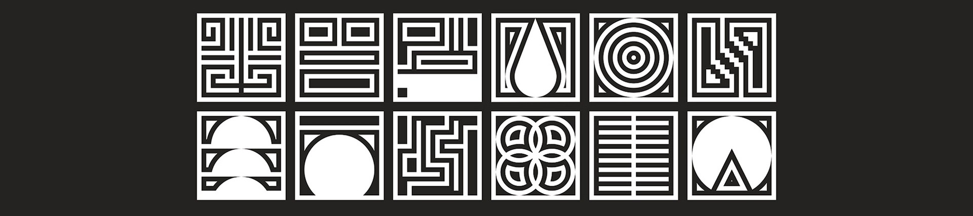 White geometric designs set out as two rows of six tiles on a black background.