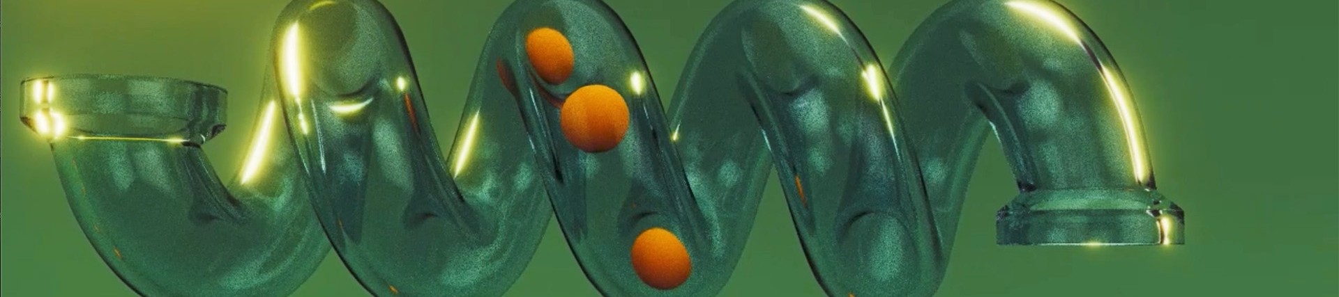Digital art: a transparent spiralling tube containing three small orange spheres; the background is green with sunlight in the upper left-hand corner.