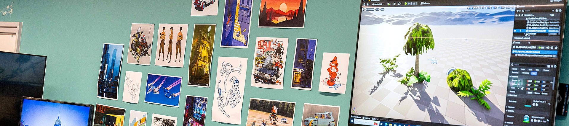 A large screen showing a tiled 3D landscape in progress; the wall around it is decorated with posters and designs.