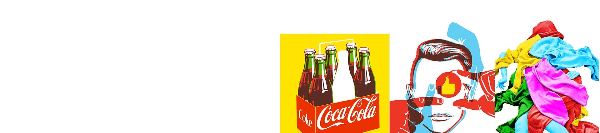 Bright pop-art style graphics in simple colours showing a box of Coca Cola bottles, a human face with a thumbs-up sign covering the right eye, hands making different gestures, and a pile of clothes covering a prostrate blue body. 