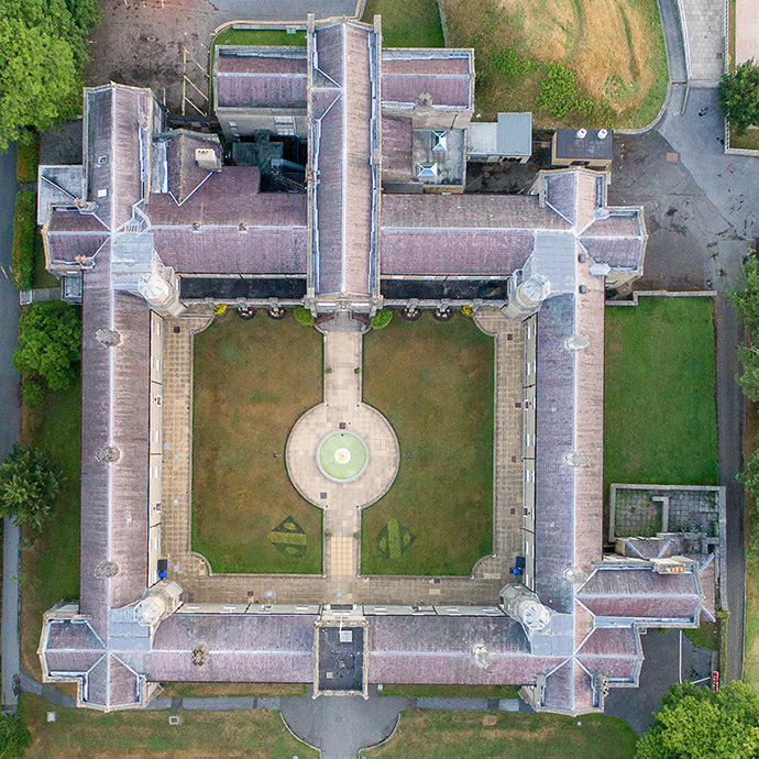 An aerial view of the college in Lampeter, showing the traditional layout around a central quadrangle.
