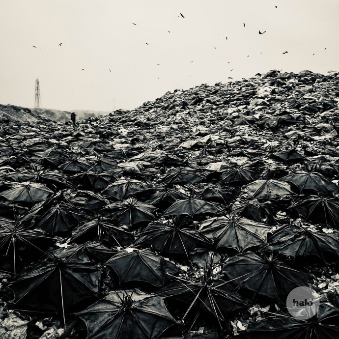 Hundreds of umbrellas in a landfill site