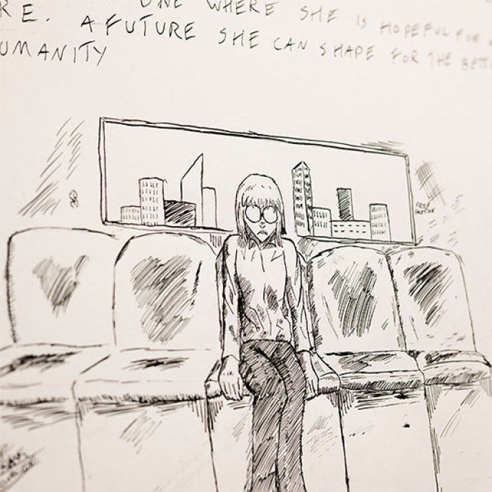 pen drawing of a women sitting down with writing above