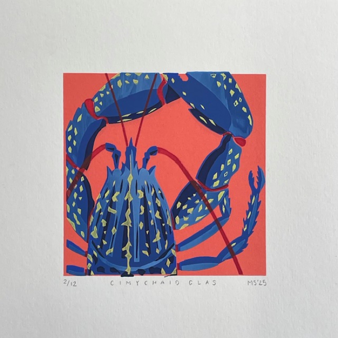 A colourful image of a bright blue lobster against a rich, burnt orange/pink background.