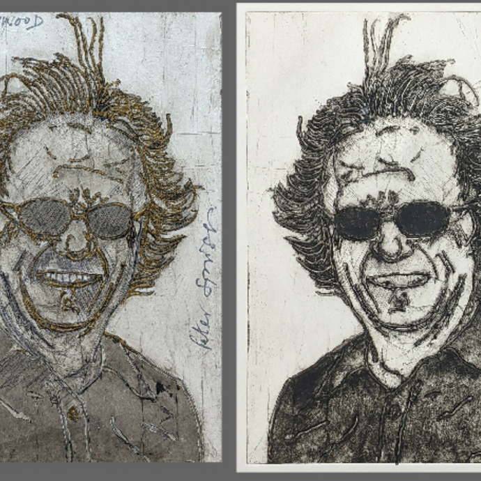 A mono printed image of a man wearing dark glasses.