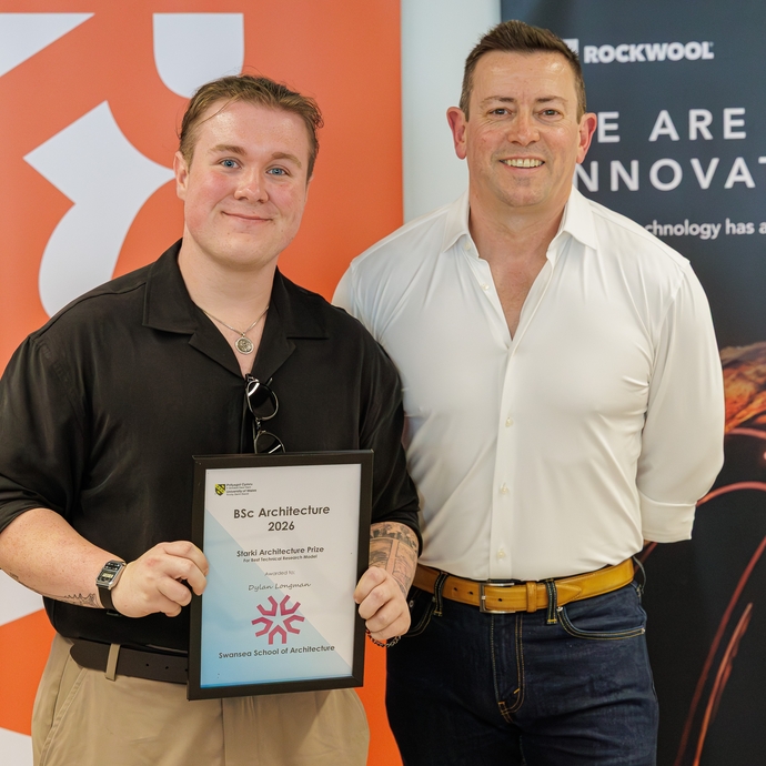 Dylan Longman winner of the Starki Architecture prize with lecturer Ryan Stucky